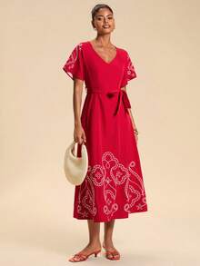 Travachic Women's Elegant Bohemian V-Neck Embroidered Tie-Waist Vacation Dress ,Autumn - Red - View 6