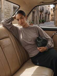 COSMINA Women's Elegant French Waist-Defining Lantern Sleeve Top Dinner Everyday Maroon Autumn - Mocha Brown - View 7