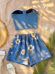Soleia 女款抹胸上衣花卉印花短褲牛仔套裝 夏季海灘度假穿搭 休閒熱帶可愛鄉村音樂會 海軍藍藍白配色套裝 - 深色水洗藍 - 查看 3