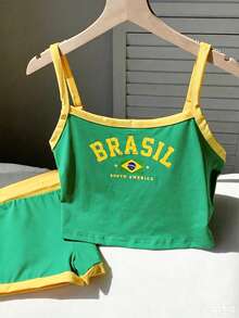 Conjunto de Top Corto y Shorts con Estampado de Letras de Colores de la Bandera de Brasil, Ajuste Slim, Verano - Multicolor - Ver 5
