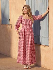 Vivid Eden Plus Size Vacation Casual Plaid Dress - Red - View 7