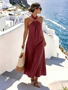 SHEIN Holidaya Women's Elegant Jamican Sexy Halter Neck Beach Vacation Dress, Dark Red Slimming A-Line, Sleeveless Full Skirt Mediterranean Style, Ring Buckle Summer - Burgundy - View 3