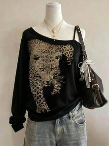 Lalippa Leopard Print Shiny Rhinestone Embellished Fashion Minimalist Women's Camisole Elegant Long Sleeve T-Shirt Friend's Gift - Black - View 1