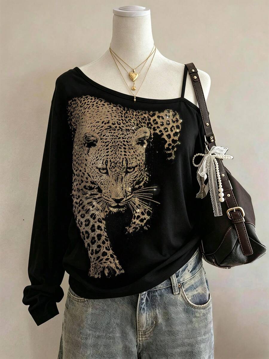 Lalippa Leopard Print Shiny Rhinestone Embellished Fashion Minimalist Women's Camisole Elegant Long Sleeve T-Shirt Friend's Gift - Black - View 1