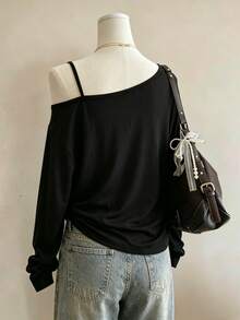 Lalippa Leopard Print Shiny Rhinestone Embellished Fashion Minimalist Women's Camisole Elegant Long Sleeve T-Shirt Friend's Gift - Black - View 2