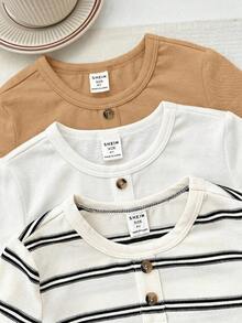 SHEIN LMoss Kids Kids Young Boy 3pcs Knit Solid Color Striped Crew Neck Casual T-Shirt Set - Multicolor - View 6