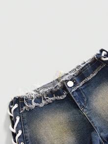 ROMWE Y2K Sexy Side Lace-Up Vintage Frayed Hem Ultra Short Denim Shorts For Women, Suitable For Daily Wear, Music Festivals, Vacations And More - Dark Wash - View 3