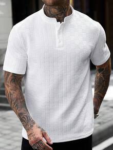 Manfinity CasualCool Men's Textured Button Half-Placket Short Sleeve Polo Shirt For Vacation - White - View 5