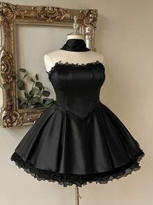 Lovelzi Luxury Plus Size Lace Trim Ruched Elegant Waist-Cinched Halter Neck Ball Gown Dress Party Cocktail Wedding Homecoming Wedding Black Spring - Black - View 7