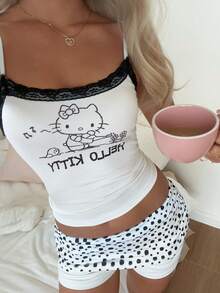 CovetEZ HELLO KITTY AND FRIENDS | SHEIN 2件組 女款蕾絲背心上衣與抓皺短褲，適合夏季 - 彩色 - 查看 5