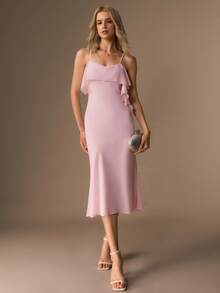Willow Rêve Women's Chiffon Cowl Neck Midi Dress, Bias Cut Ruffle Mermaid Dress, Pink Slip Dress - Baby Pink - View 7