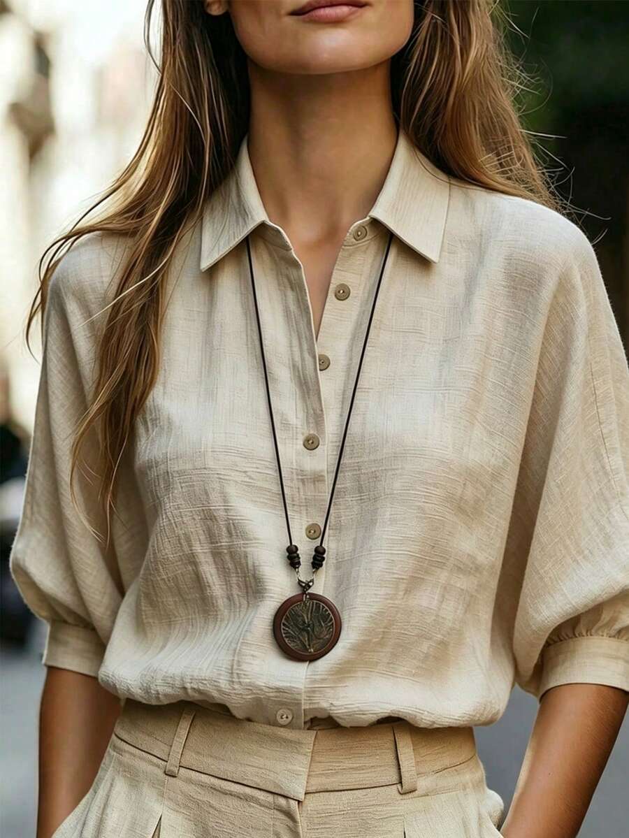 SHEIN 女款亞麻休閒通勤寬鬆長袖襯衫