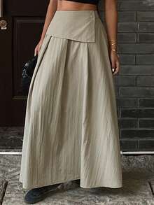 Livesso Petite Women's Fashion Commute Solid Color Long Skirt - Green - View 4