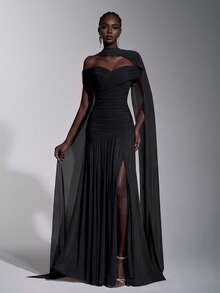 Elitara Elegant Minimalist Chic Off-Shoulder Ruched Asymmetric A-Line High Slit Dress, Suitable For Weddings, Formal Events, Galas, And Cocktail Parties - Black - View 1