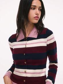 Nöista Striped Knit Cardigan With Collar And Button Front. Fall, Back To School And Everyday Style. - Burgundy - View 4