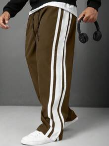 Manfinity Homme Pantalones rectos de talla grande para hombre con bloques de color y rayas - Marrón Mocha - Ver 4