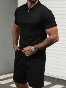 Manfinity CasualCool 男士短袖拉链领 Polo 衫套装，适合居家、外出和聚会穿着 - 黑色 - 查看 3