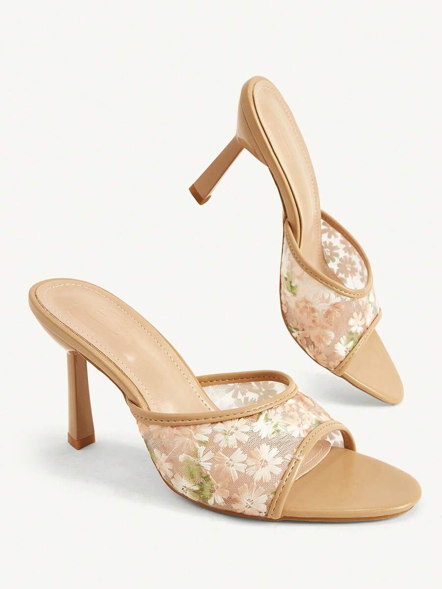 CUCCOO CHICEST 女款時尚網紗蕾絲露趾圓頭細跟拖鞋,優雅浪漫舒適百搭高跟鞋 - 杏色 - 查看 1
