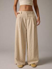 Athîral Women's Plaid Side Waist Tie Wide Leg Loose Casual Long Pants - Apricot - View 5