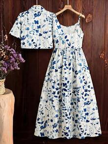 SHEIN Clasi Damen bedrucktes Kleid und Hemd 2 Stücke Set - Babyblau - Übersicht 2