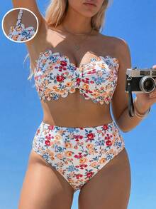 Swim Mod Floral Digital Print Bikini Set,White Summer Bachelorette Party Beach Holiday,Removable Padded Bra,Adjustable Strap,Ruffle High Waist Bottom - Multicolor - View 1