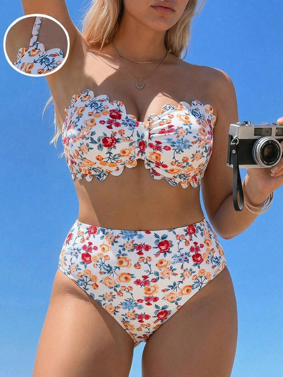 Swim Mod Floral Digital Print Bikini Set,White Summer Bachelorette Party Beach Holiday,Removable Padded Bra,Adjustable Strap,Ruffle High Waist Bottom - Multicolor - View 1