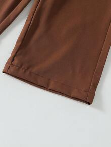 SHEIN Elladie kids 2件組女童基礎休閒寬鬆純色套裝，馬印花、不對稱下擺、側面抓皺設計，圓領短袖T恤搭配黃色條紋紋理布料直筒長褲套裝，適合日常/外出等多種場合，春/夏/四季皆宜，幼童女童套裝，兒童日常舒適夏季穿搭，女童套裝 - 棕色 - 查看 6