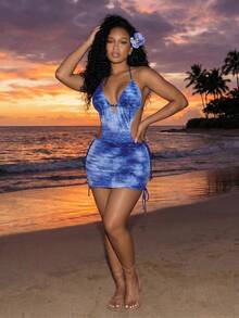 Elavelle 26SS Spring/Summer Blue & White Tie-Dye Cutout One-Piece Swimsuit With Bodycon Skirt 2 Pieces Swimwear Set - Multicolor - View 5