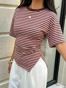 Aloruh 女款休閒百搭條紋抽繩收腰抓皺不對稱下擺 T-shirt，初秋休閒條紋 T-shirt - 白色 - 查看 5