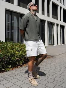 Artur Kramer Men's Solid Color Drawstring Waist Cargo Pocket Casual Shorts - Beige - View 4