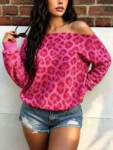 Rovax Rose Red Leopard Print Off-Shoulder Loose Long Sleeve Sweatshirt Y2K Vintage Leopard Print Off-Shoulder Loose Long Sleeve Women's - Hot Pink - View 1