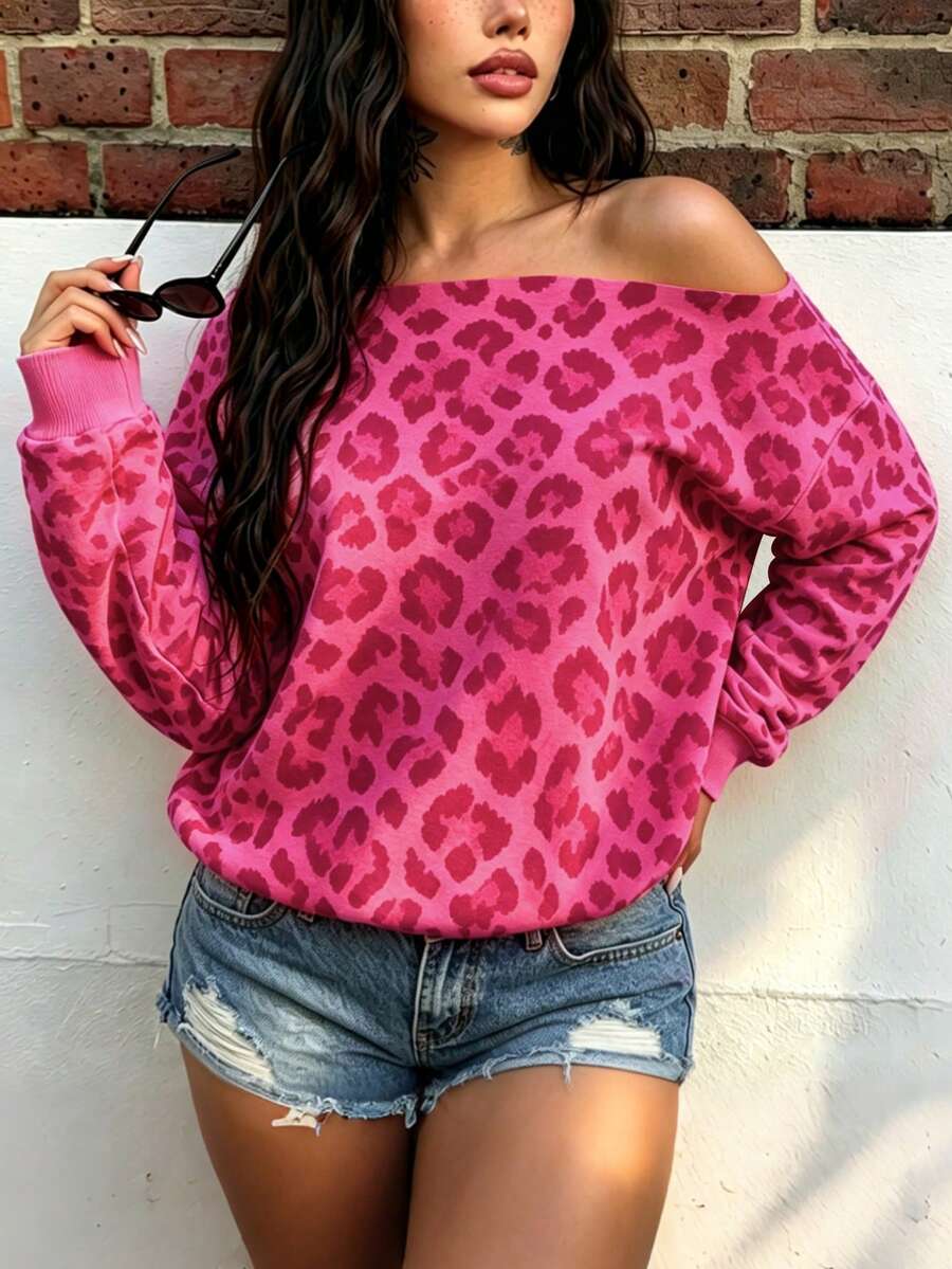 Rovax Rose Red Leopard Print Off-Shoulder Loose Long Sleeve Sweatshirt Y2K Vintage Leopard Print Off-Shoulder Loose Long Sleeve Women's - Hot Pink - View 1