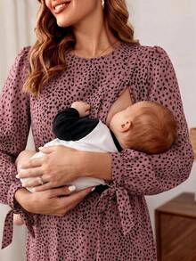 SHEIN 孕婦全印花哺乳洋裝，適合休閒、派對與旅行 - 藕粉色 - 查看 4