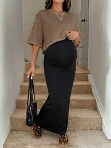 SHEIN Conjunto de 2 piezas de top corto y vestido camisola de unicolor para maternidad - Caqui - Ver 10