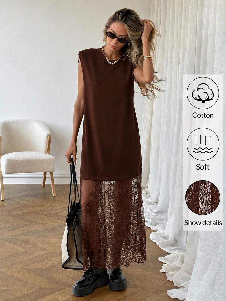 Easowa Curve Plus Size Women Solid Color Contrast Lace Hem Elegant Normal Sleeveless Dress Tea Party Formal Birthday Brown Summer - Brown - View 1