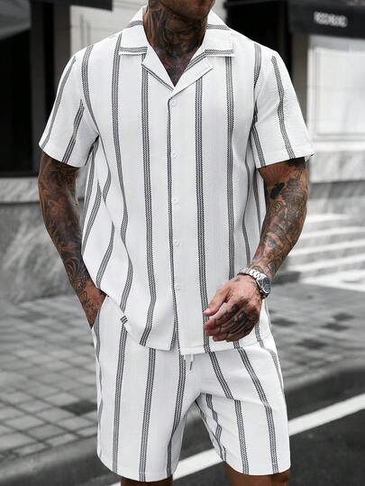 Manfinity CasualCool Men's Summer Casual Striped Shirt And Shorts Set