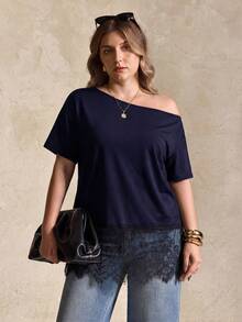 Elegantrix Women's Plus Size 1pc Spring/Summer Asymmetrical Shoulder Design Eyelash Lace Hem Splice Loose Fit Slimming Sexy Hot Girl Style Date Commute T-Shirt Top - Navy Blue - View 2