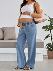 SHEIN Maternity Casual Low Waist Straight Leg Jeans Summer Fall Festival Going Out Graduation Casual Back To School Basic Blue Business - Blue - View 4
