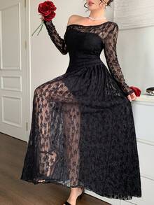 DAZY Herbst Quadratischer Ausschnitt Laternenärmel Langarm Spitze Transparenter Stoff Tailliert A-Linien Rock Schwarz Elegantes Damen Midikleid - Schwarz - Übersicht 7