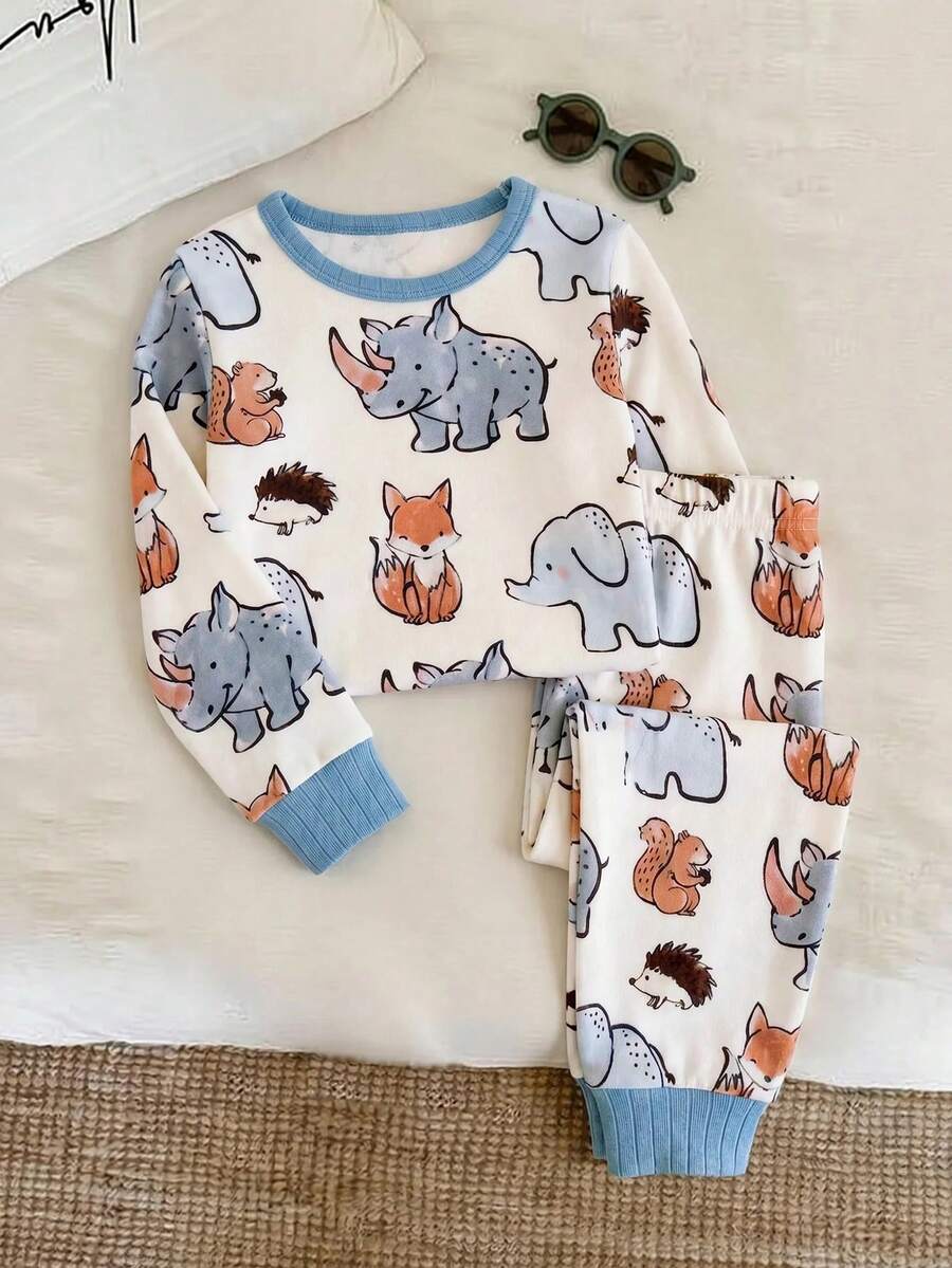 SHEIN Baby Boy Baby Girl Snug Fit Autumn/Winter Cute Animal Pattern Ribbed Crew Neck Long Sleeve Top And Pajama Pants Soft Comfortable Tight Fit Sleepwear Home Wear Set 2pcs, Christmas, New Year, Pajama - Multicolor - View 1