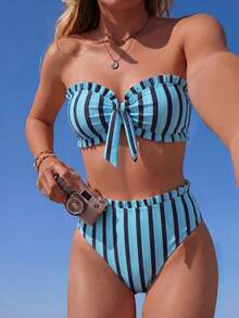 Swim Mod Spring/Summer Hot-Selling Beach Ditsy Floral 2 Pieces Ruffle Bandeau Set - Multicolor - View 3