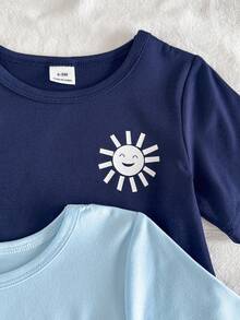 SHEIN Vintaside Kids 6件/3套男嬰簡單純色印花圓領短袖T恤與格紋條紋短褲多件套裝，適合日常穿著、外出、度假，春夏季適用 - 彩色 - 查看 5