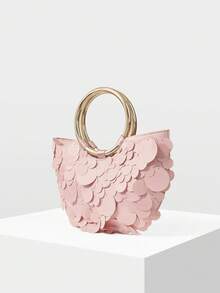 MOTF Bolso de mano de mujer con lentejuelas rosas, asa redonda, bolso semi-redondo exquisito, brillante y sencillo, adecuado para citas y fiestas, vacaciones de verano, viajes, , playa, bohemio, a juego - Rosa Pálido - Ver 2