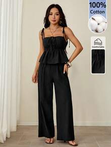SHEIN PETITE Women's Summer Casual Solid Color Camisole Top Long Pants 2 Pieces Set Vacation Black - Black - View 3
