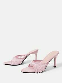 CUCCOO HITCHD Spitze dreidimensionale Rosen Quadratzehen schmale Absatz Sandalen, Außenbekleidung, Feen Hochzeitsschuhe - Pink - Übersicht 4