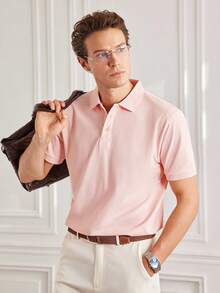 Officeau Men's Summer Lightweight Fabric Polo Shirt Slim Fit Short Sleeve Solid Color Collar Top, Suitable For Daily, Commute, Office, Light Sports - Dusty Pink - View 7