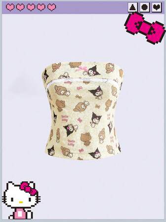HELLO KITTY AND FRIENDS | ROMWE Y2K süßes Damen-Top mit Herz-Butterkeks-Allover-Muster und Spitze