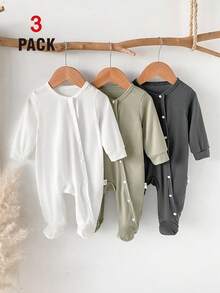 SHEIN Vintaside Kids 3件組新生兒嬰兒連身衣套裝，長袖連腳爬行服，居家穿著，適用男嬰女嬰，橄欖綠、淺灰色、白色，秋冬保暖舒適 - 彩色 - 查看 9