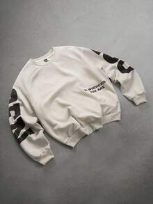 Manfinity Roghcode Sudadera de manga larga con cuello redondo, gráfico de letras, casual y versátil para uso diario para hombres - Albaricoque - Ver 6
