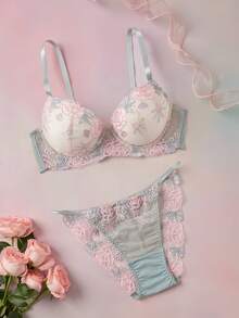 Elorette 2pcs Light Blue Underwire Molded Cup High Support Push Up Comfy Balconette Embroidered Floral Pattern Romantic Pastoral Women's Lingerie Set - Green - View 1